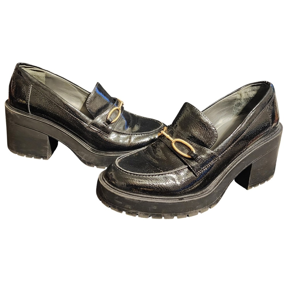 Franco Sarto Womens Desma Black Patent Chunky Platform  Loafers Size 10M Preppy